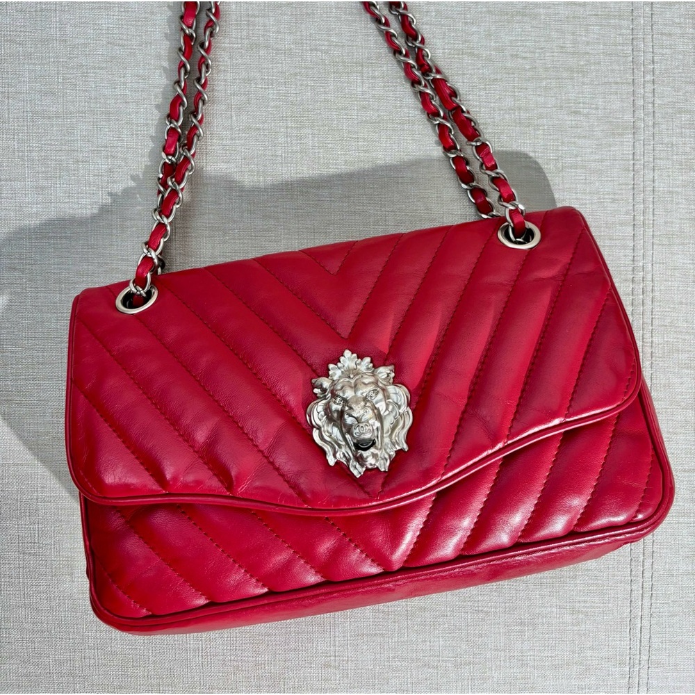 CHANEL Red Lambskin Chevron Flap Bag SHW Lion Hardware - Picture 6 of 16